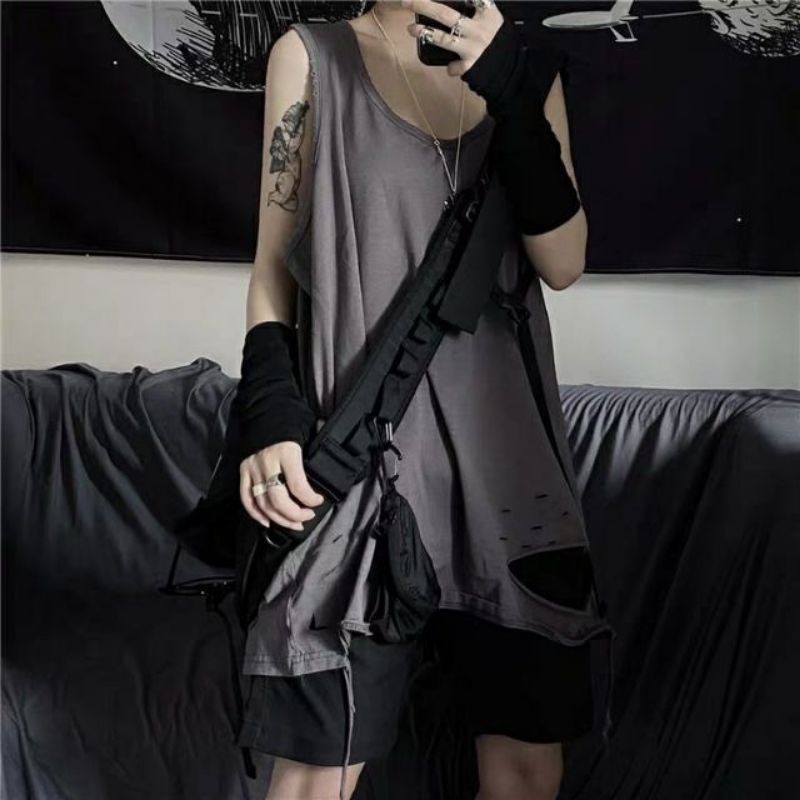 Áo tank top unisex nam nữ rách gấu tạo layer