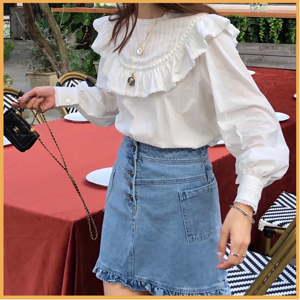 Áo sơ mi nữ dài tay form rộng CKA883, kiểu áo nữ cổ tròn ngực viền ren dáng babydoll trắng tiểu thư mặc đi làm đi học