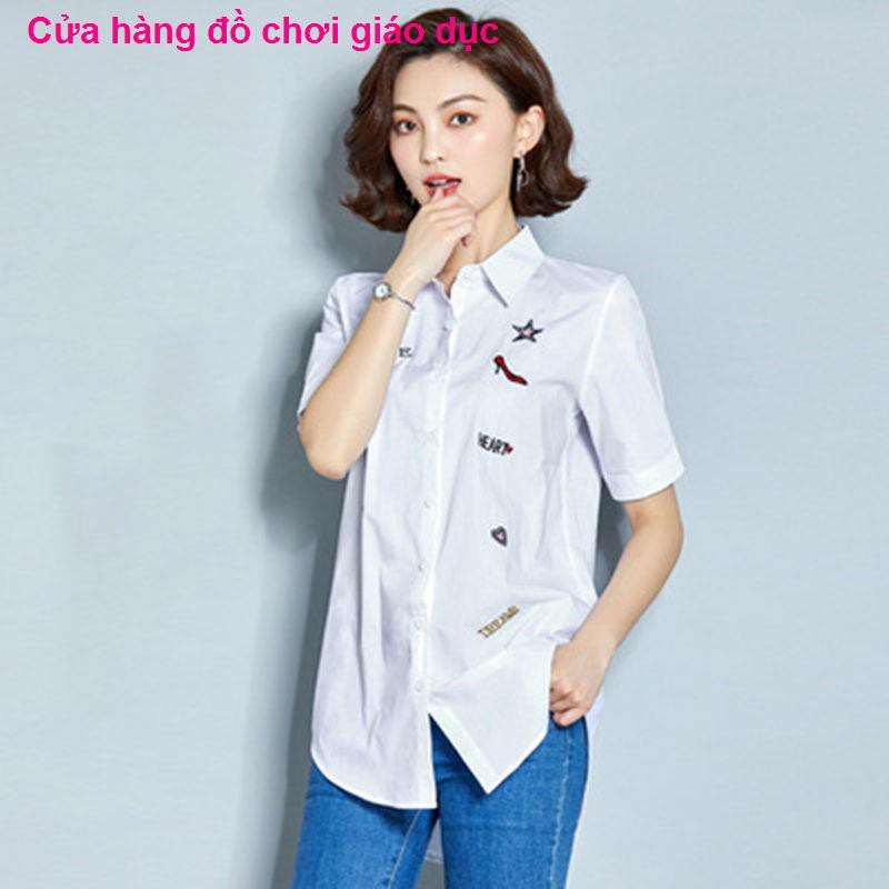 SHOP XINH Cotton tinh khiết thêu văn hóa áo sơ mi nữ phiên bản Hàn Quốc của dài tay rộng rãi