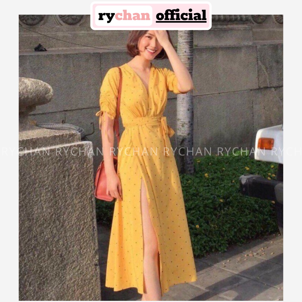 DM693 - Đầm Maxi Chấm Bi Cổ V Xẻ Đùi Tay Ngắn Rút Dây Eo Thắt Nơ 2 Màu Vàng Đỏ