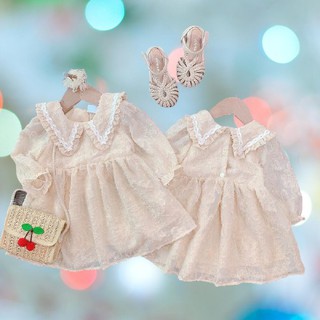 Váy dài tay bé gái babydoll lông kem cúc sau - vbg-ren-lông