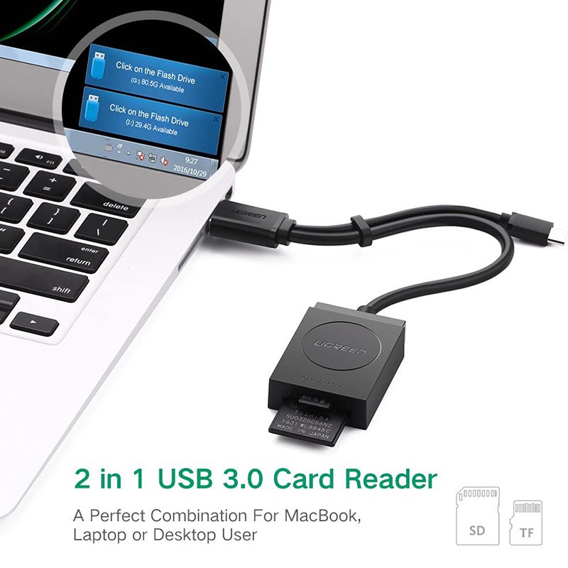 Đầu đọc thẻ nhớ TF/SD USB 3.0 + OTG micro USB Ugreen 20203 CR127 Chính Hãng màu đen