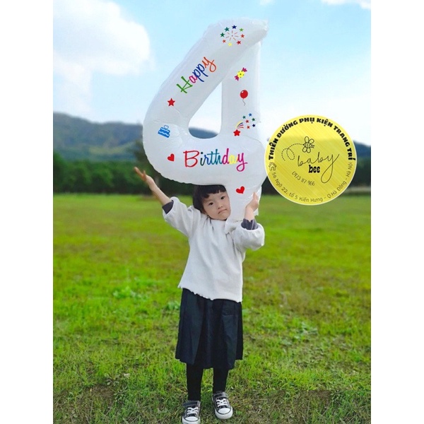 Bóng Số Màu Trắng Kèm Decan Hoạ Tiết Xinh Xắn trang trí sinh nhật nhà Baby bee