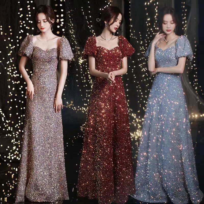 Đầm Dạ Hội Cổ Vuông Tay Phồng Đính Kim Sa Lấp Lánh Sang Trọng