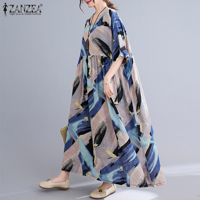 Đầm Maxi ZANZEA Ngắn Tay In Họa Tiết Hình Học Sành Điệu Cho Nữ