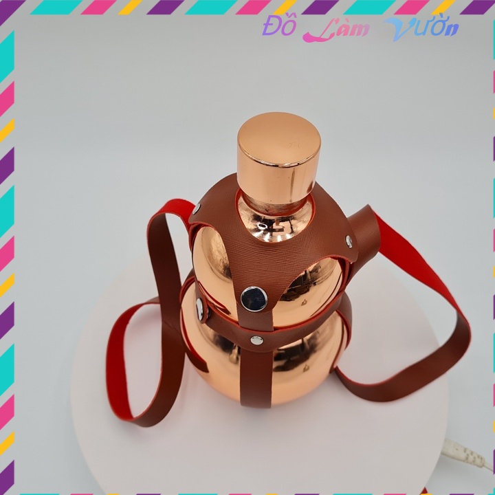 Bình hồ lô Inox 1.6 lít đựng nước màu đồng có bao da lủng