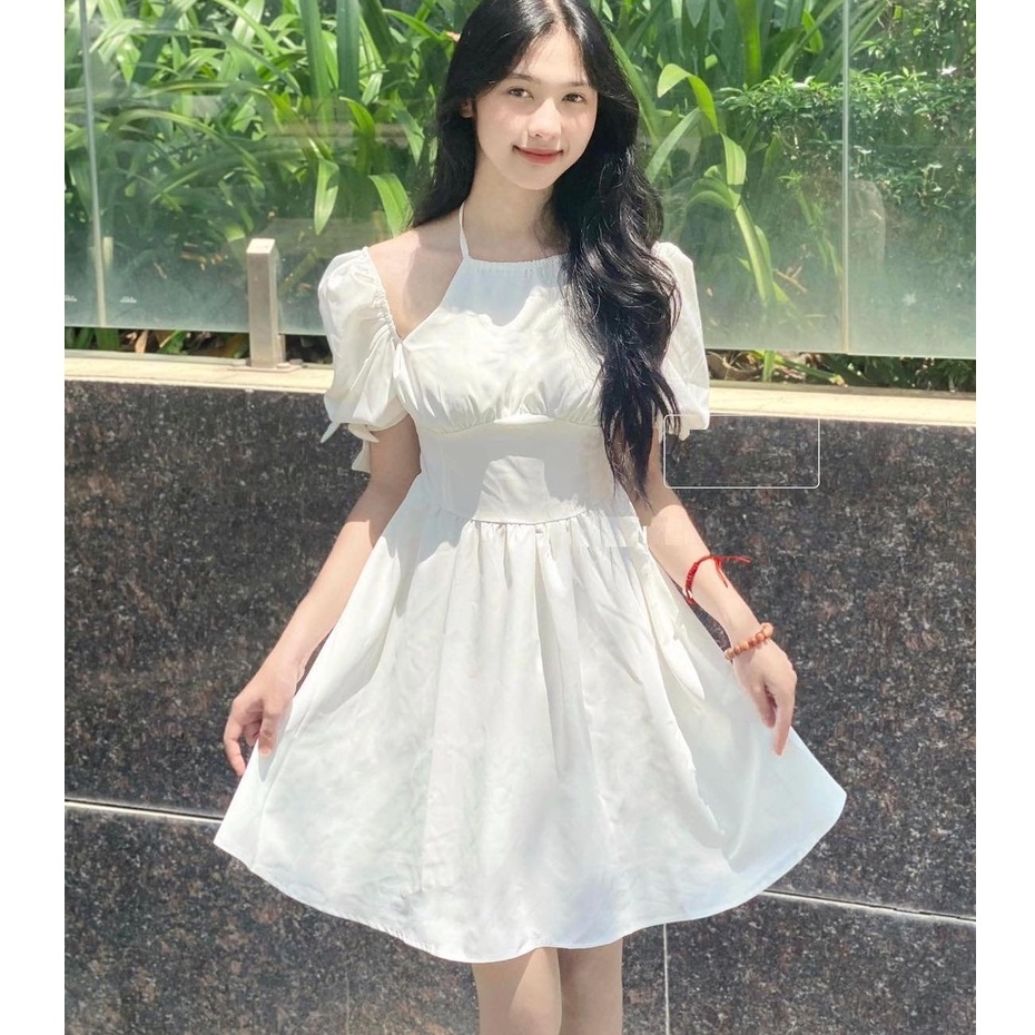 Váy yếm nữ phối tay nơ - Đầm trễ vai nữ tay nơ phối dây cổ yếm dáng xòe tiểu thư phong cách ulzzang hàn quốc