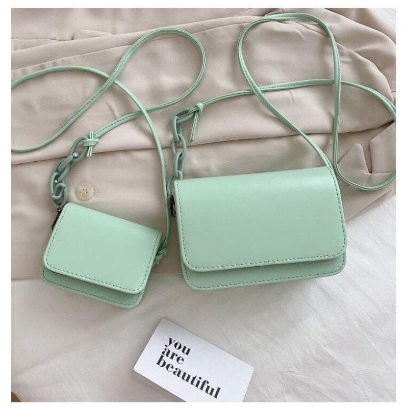 Túi đeo chéo Ulzzang Hàn Quốc chất da mềm màu trơn xanh mint, tím, trắng