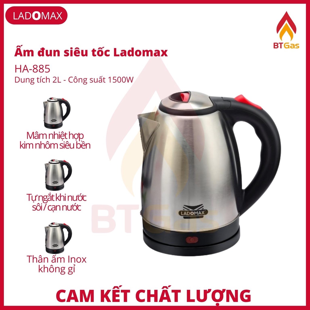 Ấm đun siêu tốc Ladomax 2L, bình siêu tốc Inox công suất 1500W HA-885