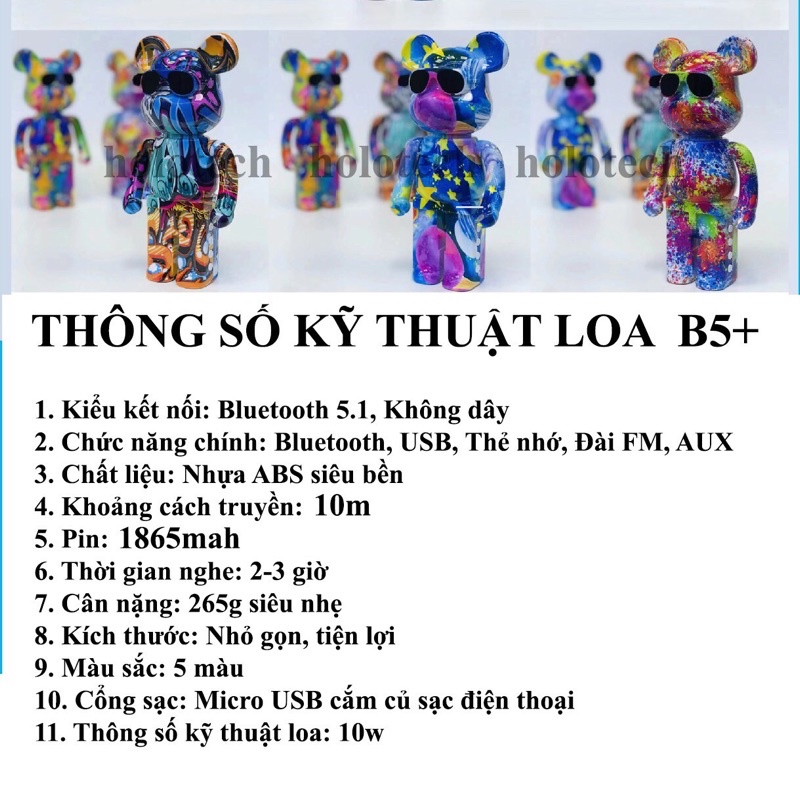 Loa Bluetooth Mini Cầm Tay HOLOCOM B5+ Hình Gấu BearBrick, Loa Di Động Đẹp Nghe Nhạc Hay Âm To - Hỗ Trợ USB Và Thẻ Nhớ