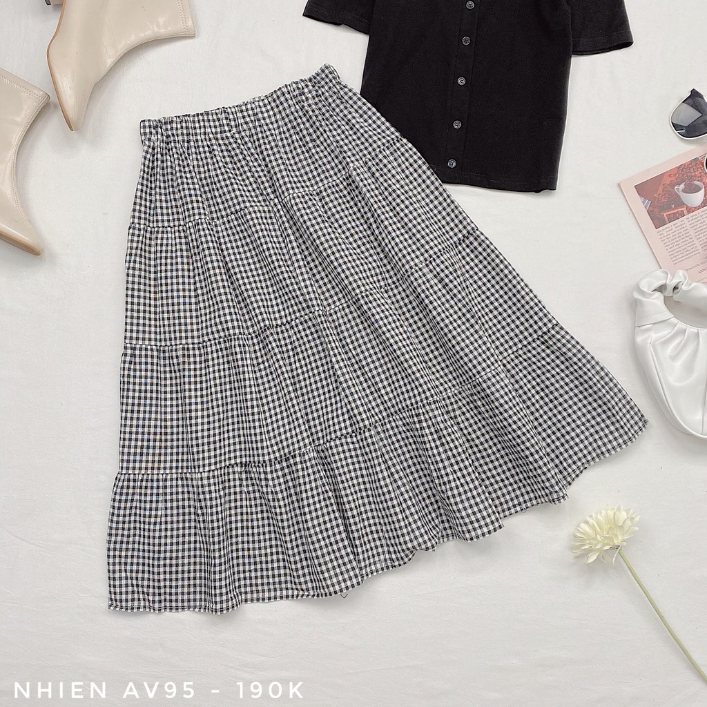 Chân váy caro Nhien vintage váy tầng dài qua gối AV95 | BigBuy360 - bigbuy360.vn