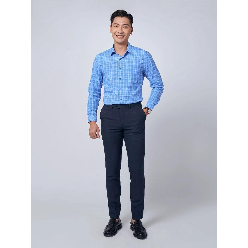 Áo sơ mi dài tay nam OWEN AR220941DT somi công sở vải sợi tre cao cấp kẻ caro xanh trắng dáng regular fit tà lượn có túi