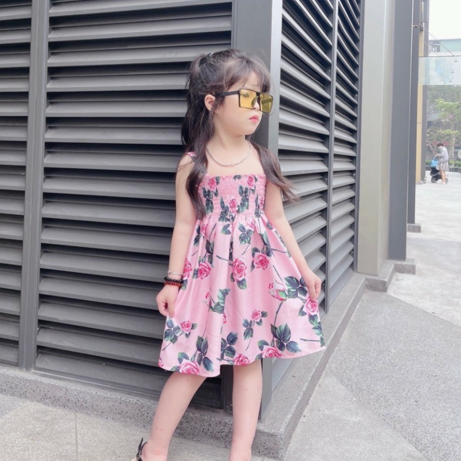 Váy bé gái hai dây bo ngực kèm Mũ, Đầm hoa dáng xòe xếp ly cực xinh cho bé từ 7 đến 18 kg, SUN KID'S