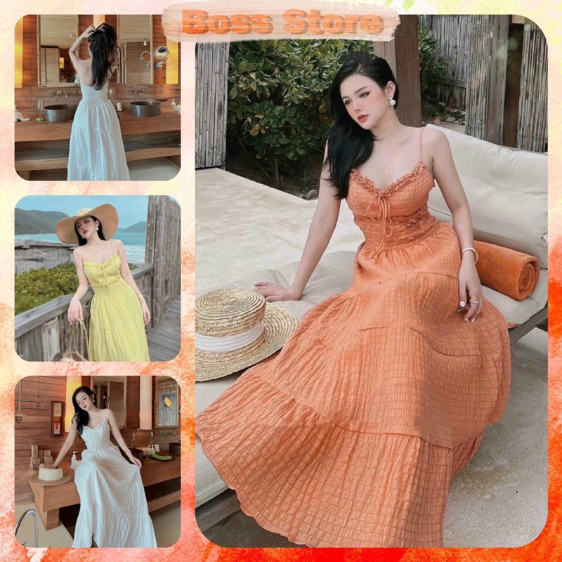 Đầm Maxi Mocking Chất Xốp Chỉ 2 Dây Dáng Dài Đi Biển - Du Lịch Sống Ảo. (CÓ MÚT) 3 MÀU Y HÌNH. Chất liệu : XỐP CHỈ