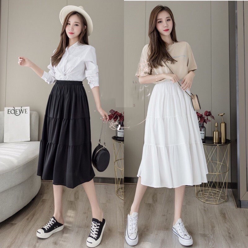 Chân váy dài qua gối chất đẹp nhất ngành - chân váy midi 3 tầng chất voan mềm đẹp, phong cách Ulzzang