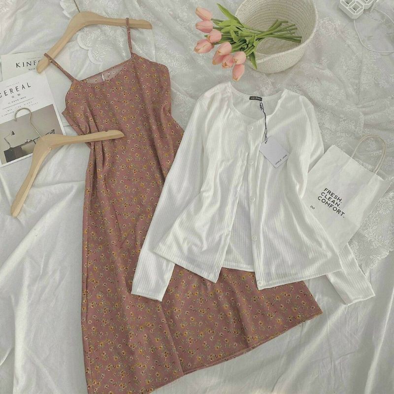 Set đầm hoa maxi kèm áo khoác ngoài