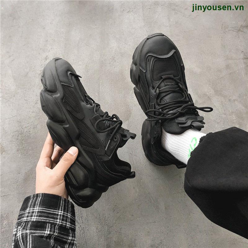 Giày Thể Thao Da Đế Dày Tăng Chiều Cao Màu Đen Phong Cách Hong Kong Cho Nam