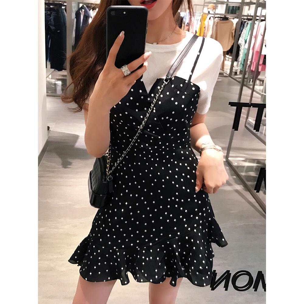 SUXI Đầm chấm bi phong cách retro Hàn Quốc