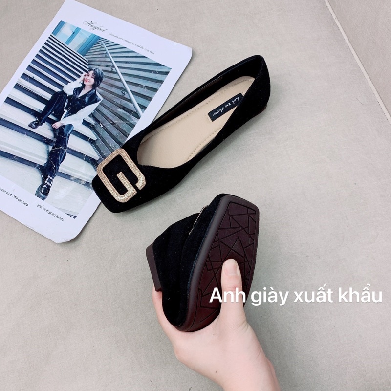 GB42- Giày bệt, búp bê mũi vuông da lộn đế cao su dẻo khoá chứ G đá vàng( ảnh thật, kèm video)