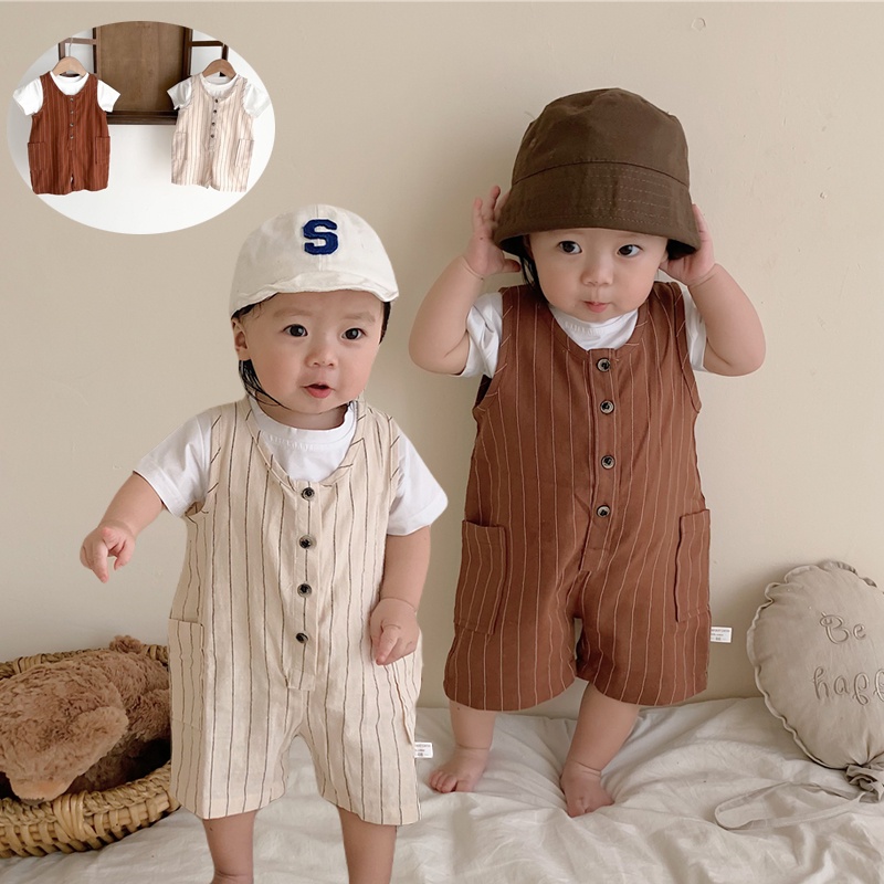 Set Áo Thun Trắng Ngắn Tay + Quần Short Sọc Ngang Cho Bé Trai