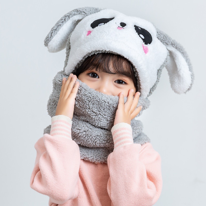 Mũ Beanie Kèm Khăn Choàng Cổ Bằng Lông Cừu Dày Dặn in Họa Tiết Hoạt Hình Gấu Trúc Dễ Thương Thời Trang Thu Đông Cho Bé