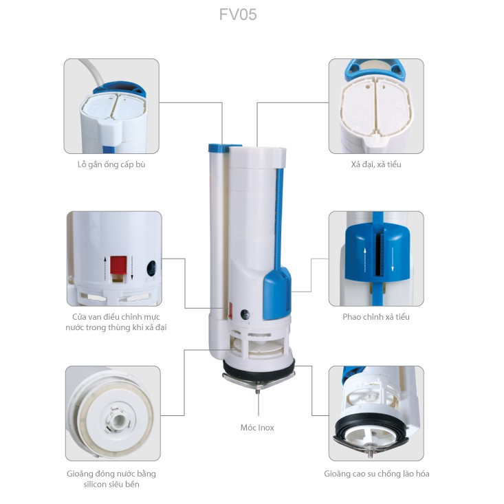 Bộ xả thùng nước 2 nút nhấn VS0503 Paradise cấp piston chiều cao trụ xả 210mm dùng cho bồn cầu liền khối