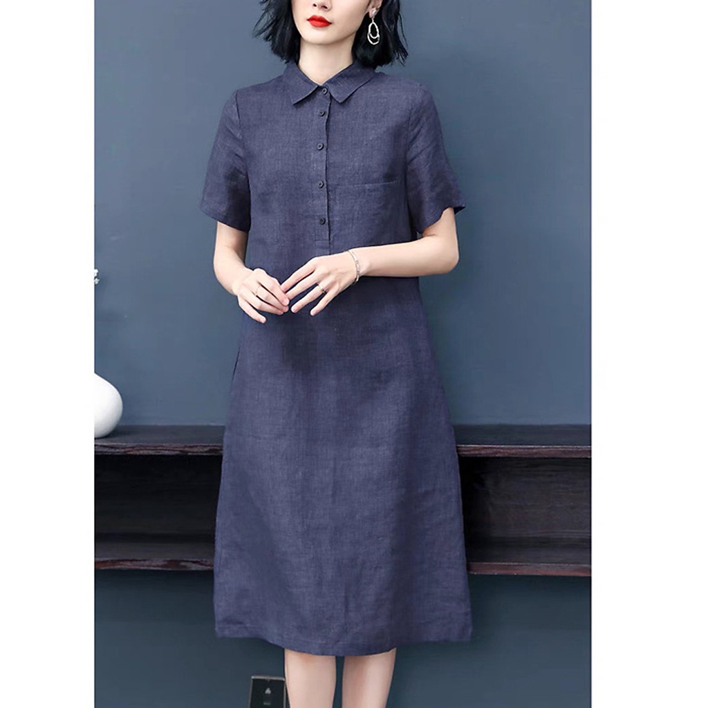 (TỔNG KHO LÂM ANH CHUYÊN SỈ) Đầm suông công sở linen cổ đức xanh than trẻ trung