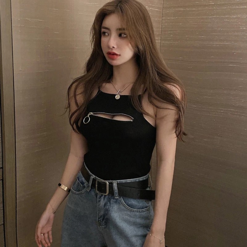 Áo Hai Dây Dệt Kim Màu Trơn Phối Khóa Kéo Thời Trang Hàn Quốc Quyến Rũ Cho Nữ