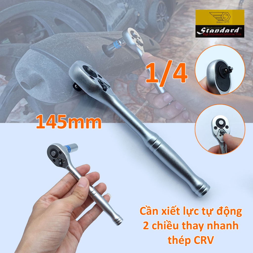 Cần xiết lực tự động hai chiều 1/4 Standard bằng thép CrV có nút thay đầu tuýp nhanh 145mm | BigBuy360 - bigbuy360.vn
