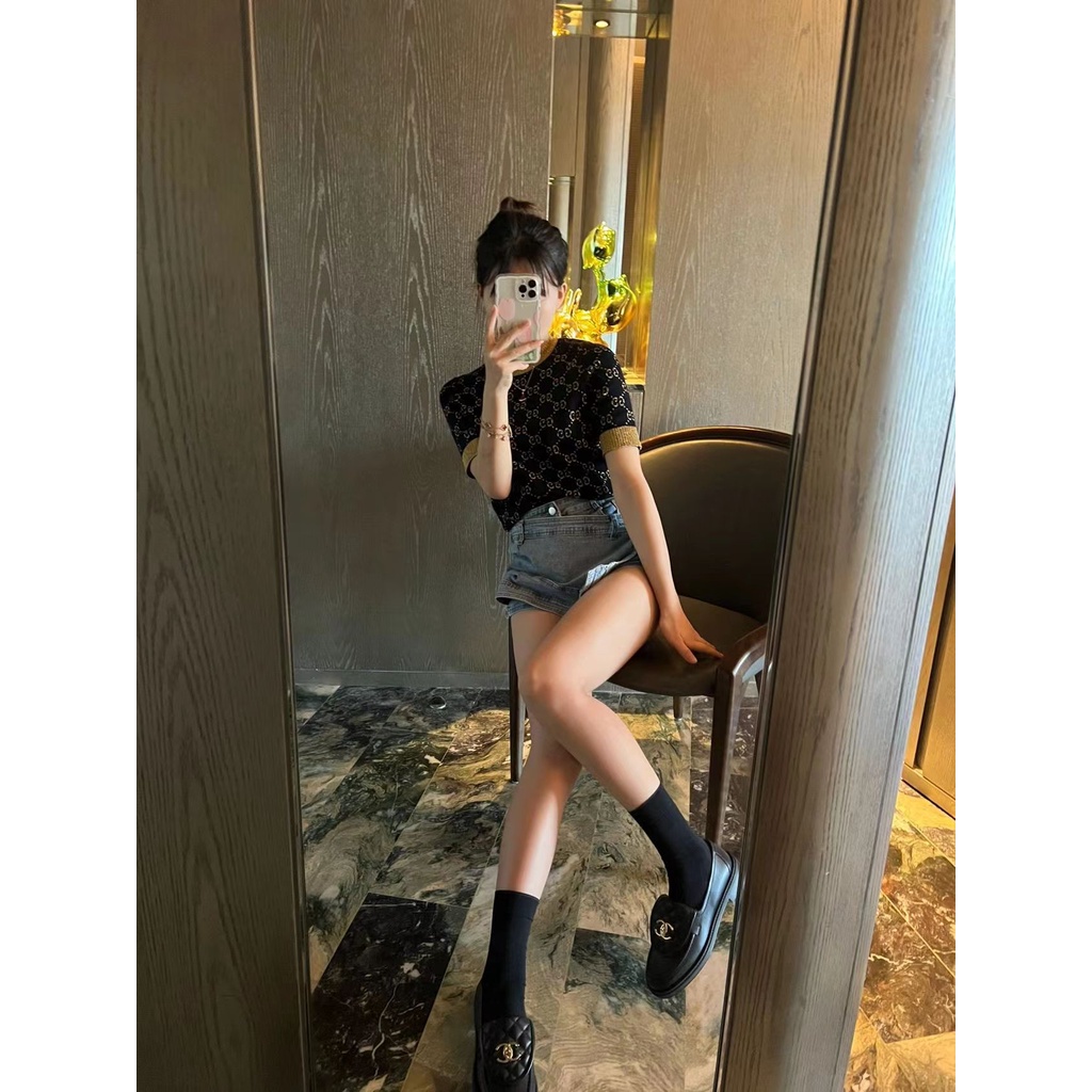 Giày Lười Nữ Da Cừu &amp; Kim Loại Màu Vàng Không Có Hộp