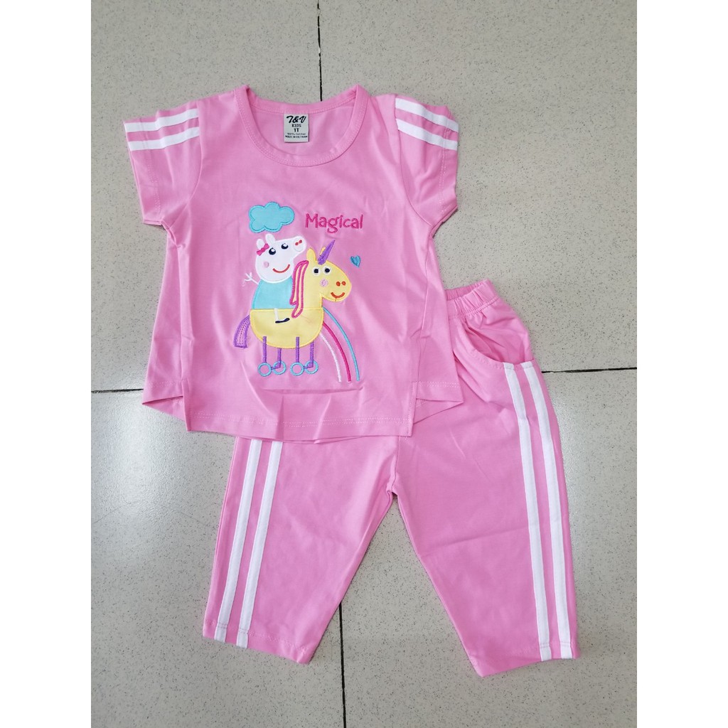 Bộ thun bé gái in heo peppa và ngựa sừng quần sọc 10-36kg