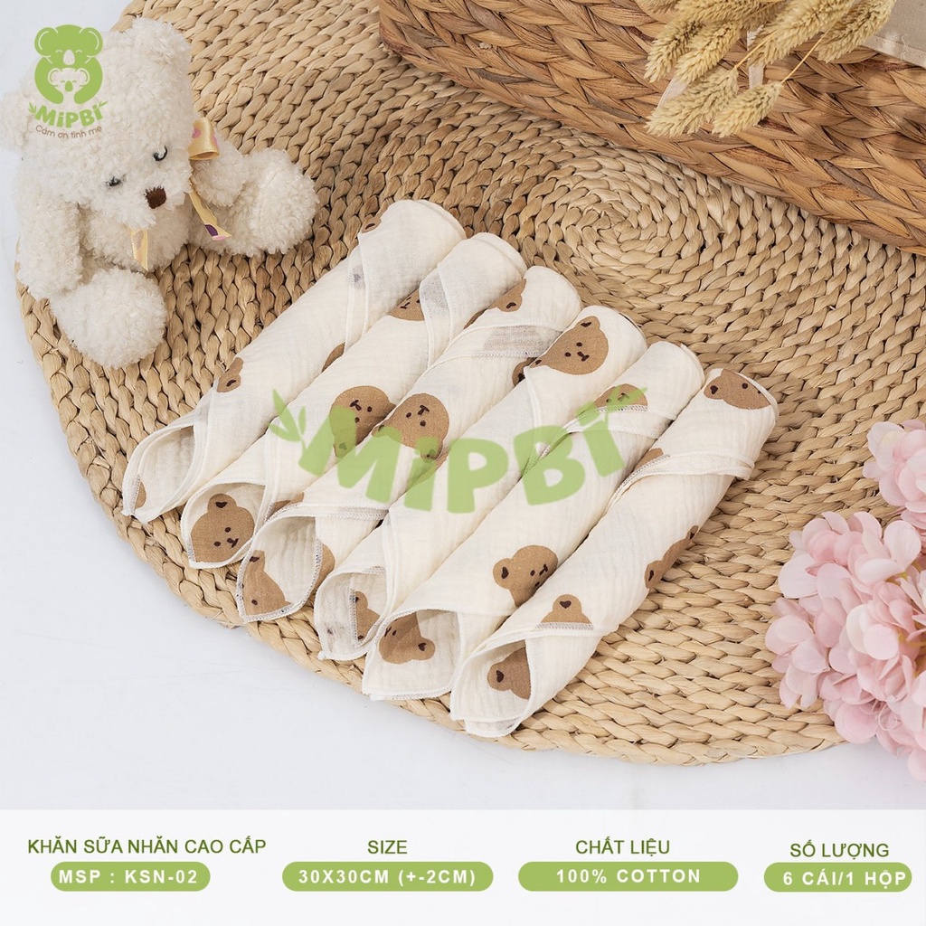 Khăn sữa nhăn cao cấp Mipbi hộp 6 cái KT 30x30cm. Khăn sữa cho bé 100% sợi bông thiên nhiên theo tiêu chuẩn Châu Âu