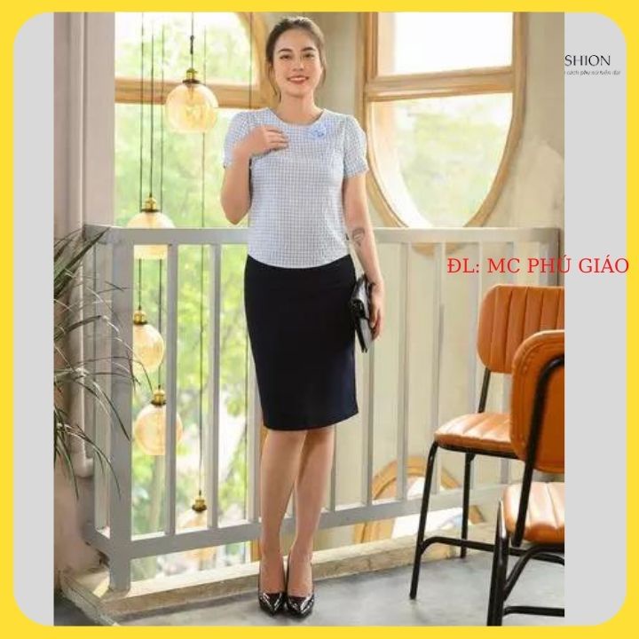 Áo Kiểu Tay Cộc Kẻ Sọc Caro Công Sở Mc Fashion Màu Cam Xanh Cổ Tròn TA971