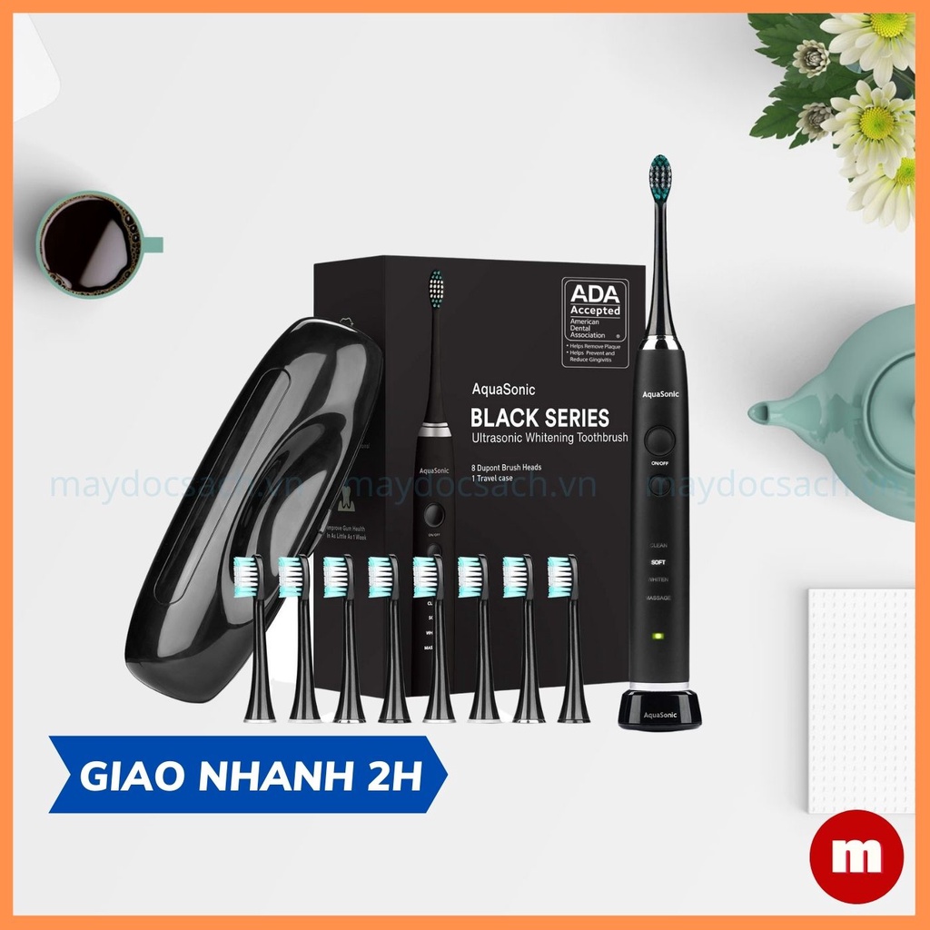 Bàn chải điện AquaSonic Black Series - siêu làm trắng, được chứng nhận bởi ADA - sạc không dây, tặng kèm 8 đầu bàn chải