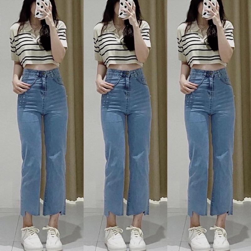 Quần jeans basic ống đứng cắt gấu chân chất dãn phom đỉnh
