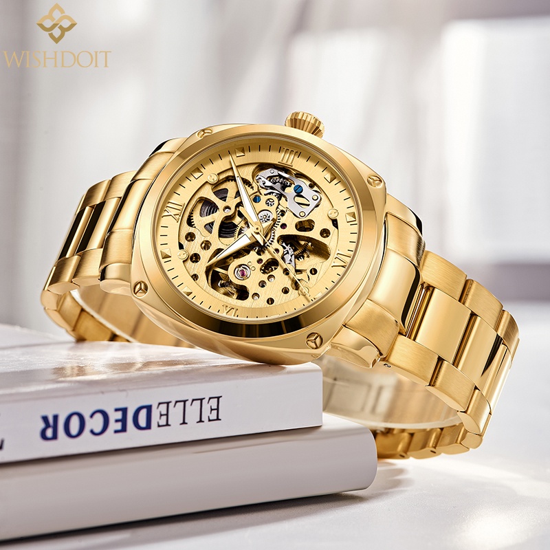 Đồng hồ cơ WISHDOIT tự động màu vàng kim dây đeo thép không gỉ phong cách doanh nhân chống nước cho nam
