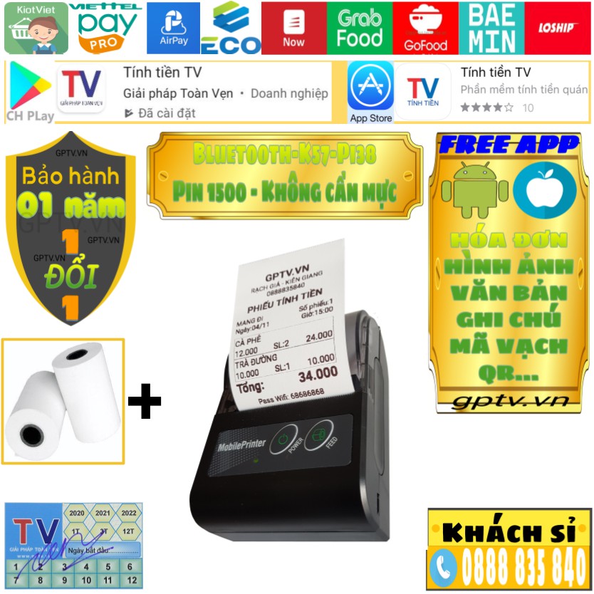 Máy in Bluetooth nhiệt Mini không dây KiotViet Viettelpay Airpay Sapo Suno Pos365 Tpos Nextlshop Loyverse mã vạch