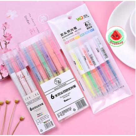 Set 6 bút dạ quang Highlight hai đầu 2 màu dễ thương 🍉Duashop🍉