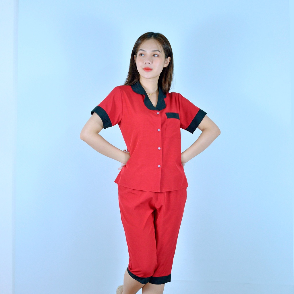 Bộ PIJIMA Nữ màu ĐỎ ĐÔ Chất Lụa Cao Cấp - Quần lửng tay ngắn pha cổ đen  - Nhẹ nhàng - Đằm thắm