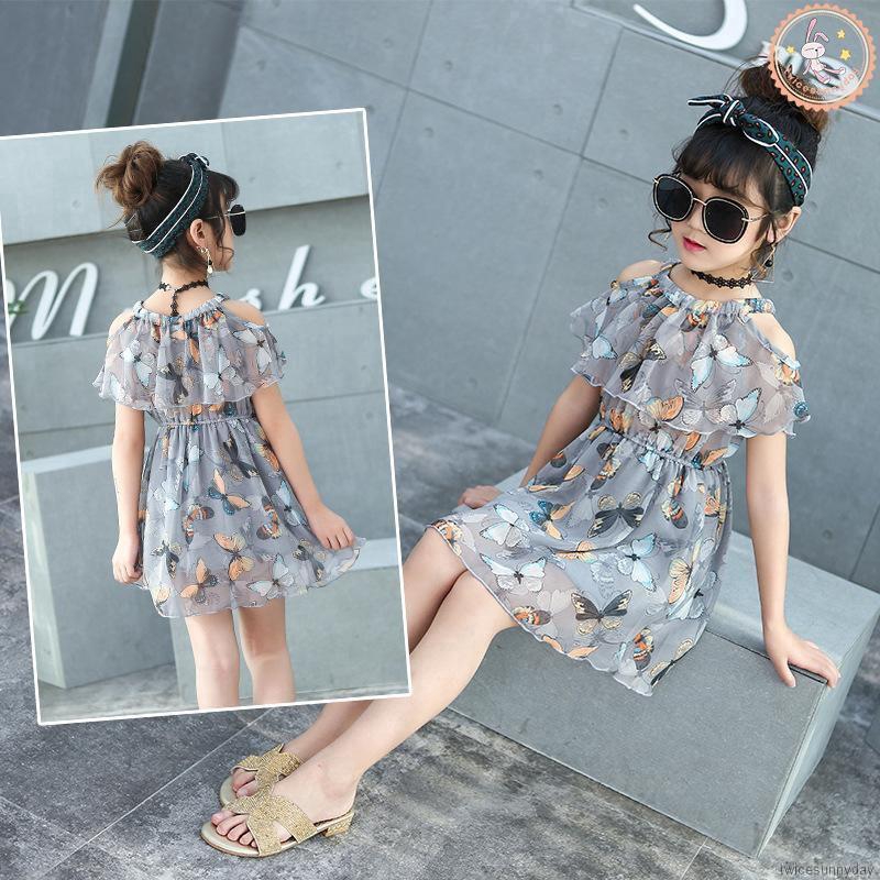 Đầm trễ vai tay loe hoạ tiết bướm chất Chiffon cho bé