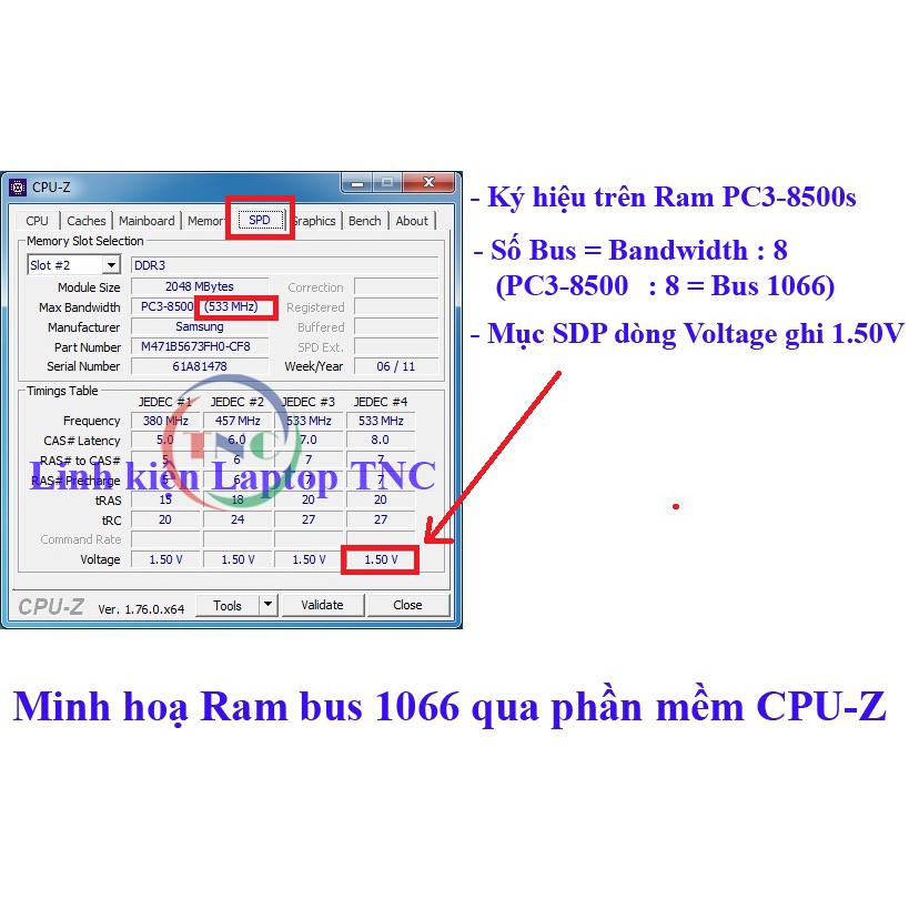 RAM Laptop 2Gb PC3-8500s (DDR3 2Gb Bus 1066 MHz) hàng bóc máy