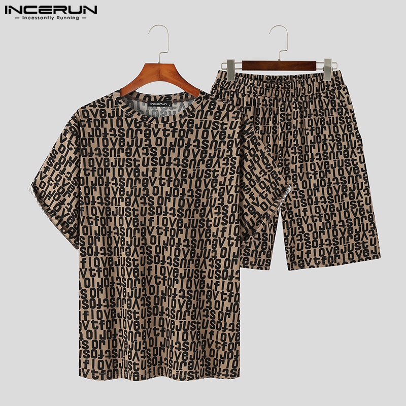Set áo thun ngắn tay in họa tiết + quần short INCERUN thời trang mùa hè mát mẻ cho nam