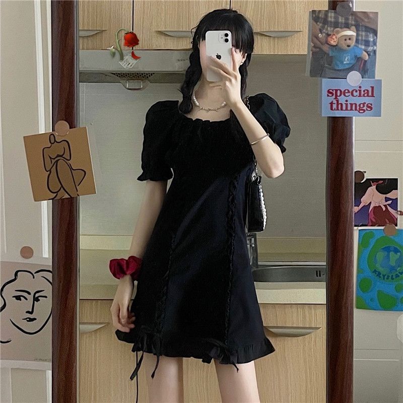 Đầm Ngắn Tay Phồng Màu Trơn Duyên Dáng Retro Phong Cách Pháp