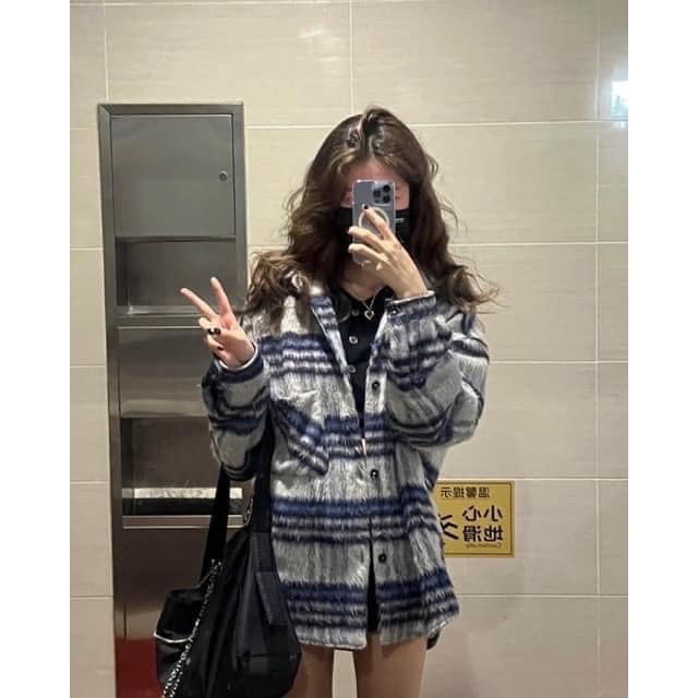 Áo Khoác Len Lông Nữ - Áo dạ kẻ Hàn Quốc dáng dài form rộng cổ sơ mi đẹp