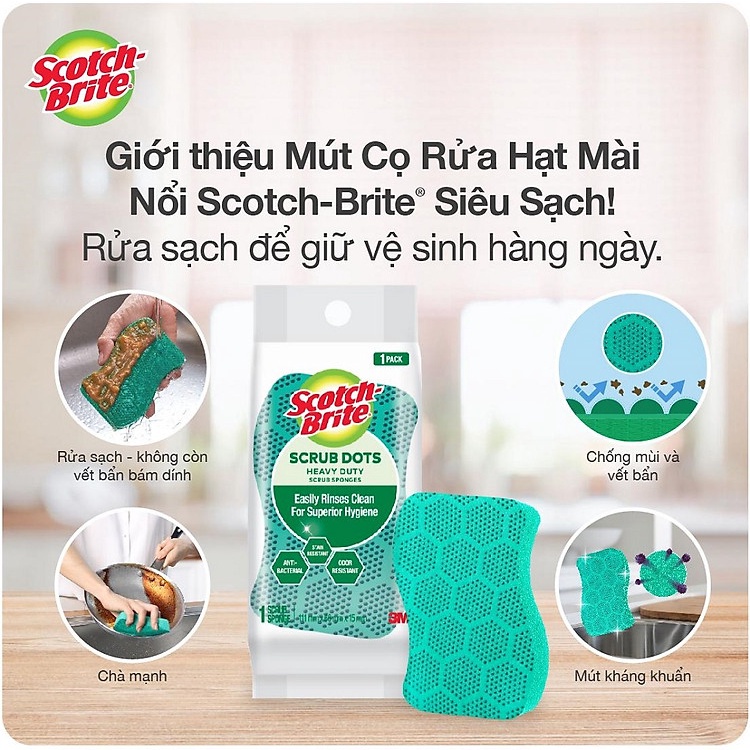 3M Miếng cọ rửa hạt nổi siêu sạch Scotch-Brite, kháng khuẩn và ngăn chặn sự phát triển của vi khuẩn (bịch 1 miếng).