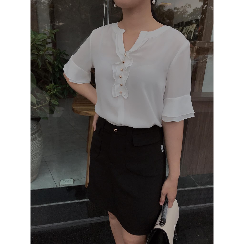 Áo sơ mi cổ tròn xẻ V, trang trí bèo nhúm Emspo SMS2431 (Xanh, Trắng)