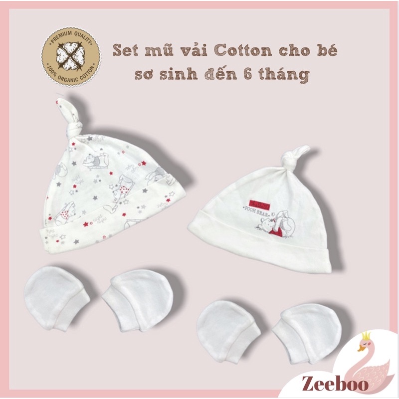 Mũ củ tỏi cho bé từ sơ sinh - 6 tháng [set 2 mũ kèm bao tay], vải Cotton mềm mịn, hình gấu pooh dễ thương, che thóp
