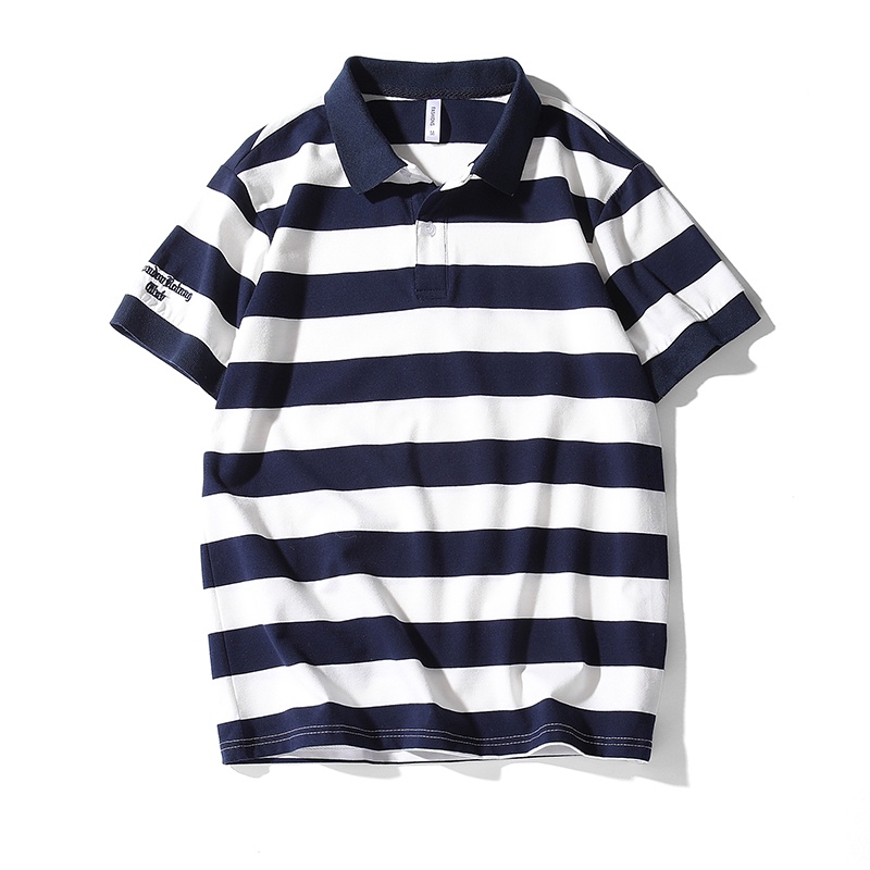 Áo polo cotton tay ngắn dáng rộng họa tiết kẻ sọc thời trang mùa hè mới cho nam