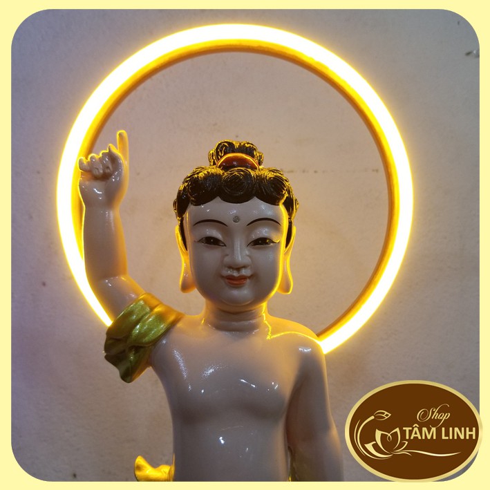 Tượng Đản Sanh cao 38 cm+Hào Quang Led cao 54 cm + Đôn gỗ vuông 14cm Mẫu Kệ Đèn Đẹp GIÁ SIÊU RẺ