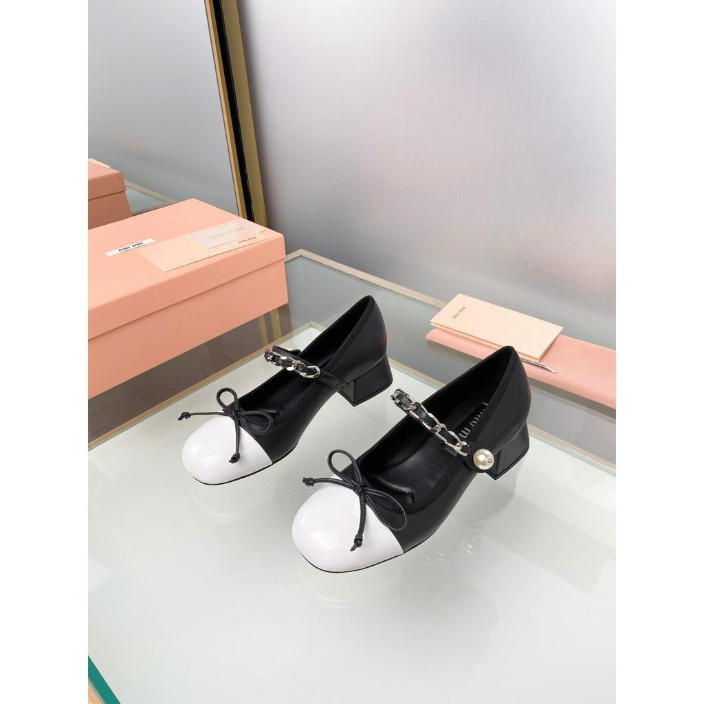 Giày búp bê gót vuông thời trang cao cấp thương hiệu Miu Miu thiết kế dáng tiểu thư, nữ tính